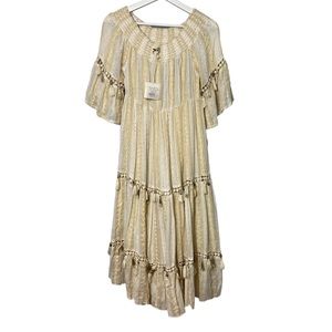 NWT Nekane NKN Cadaques Boho Off the Shoulders Lined Glitter Tassels Dres S/M